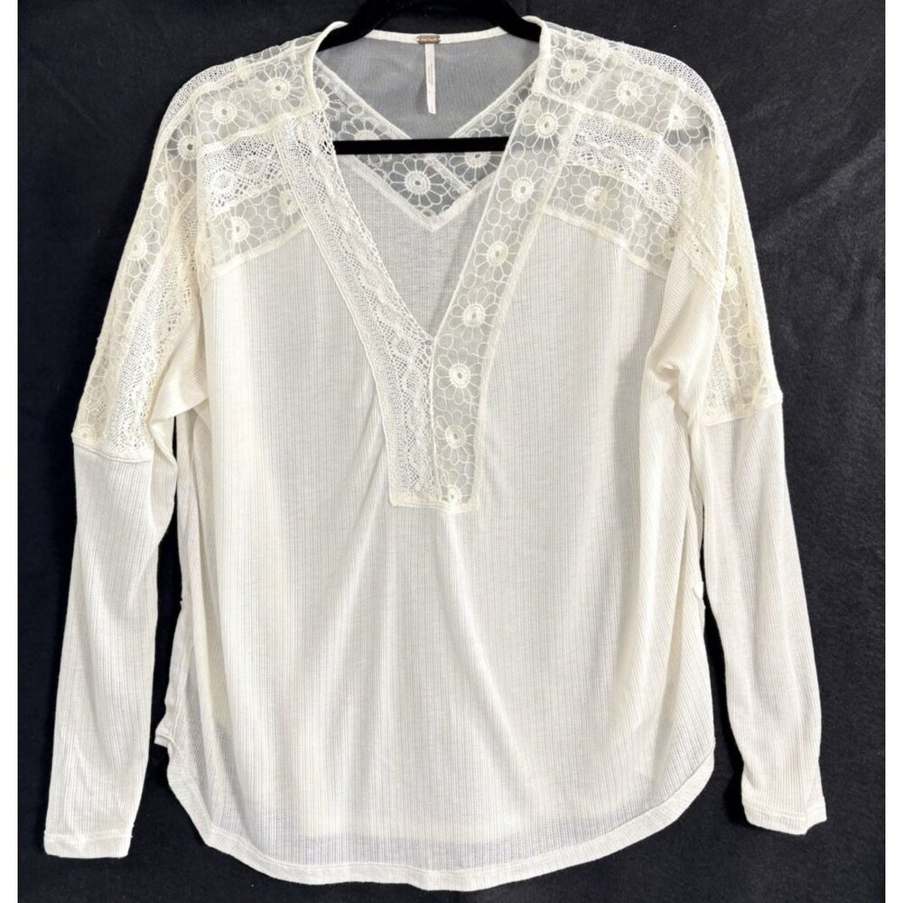 FREE PEOPLE Women Lola Pullover Ribbed Lace V Neck Top‎ Sz S Ivory Oversized 8-4